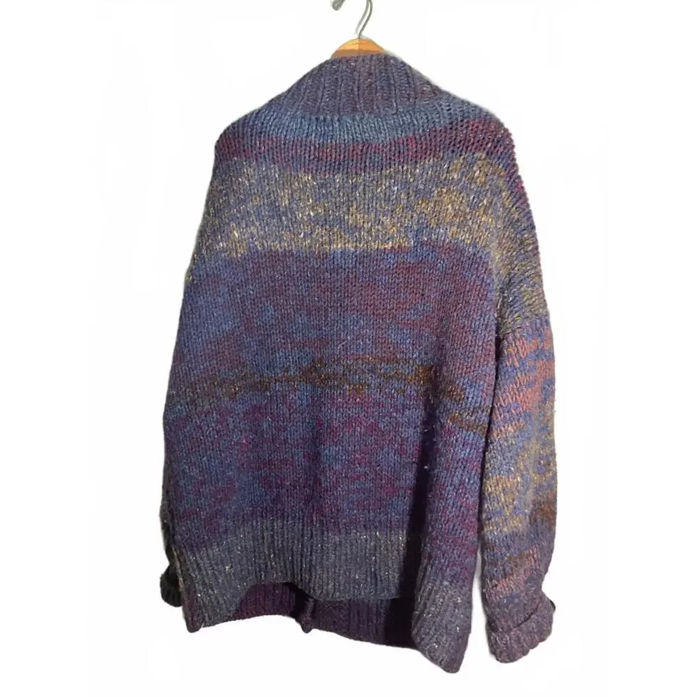 70's Cozy Hand-Knit Super Chunky Oversized  Wool  Multi-Colored Sweater Coat OS - Picture 9 of 11